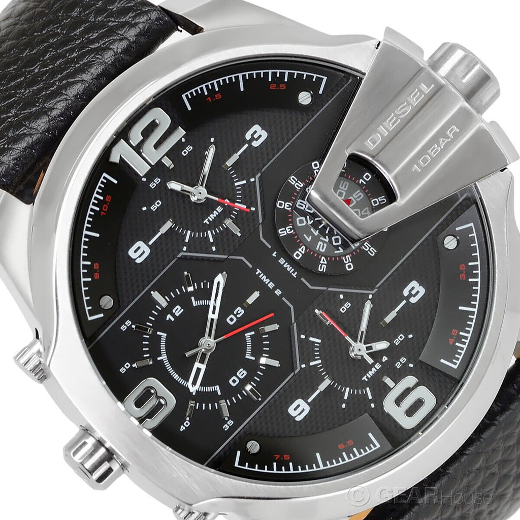 Diesel DZ7376 Uber Chief Oversized 4-Time Men's Watch – Black Dial & Black Leather Strap